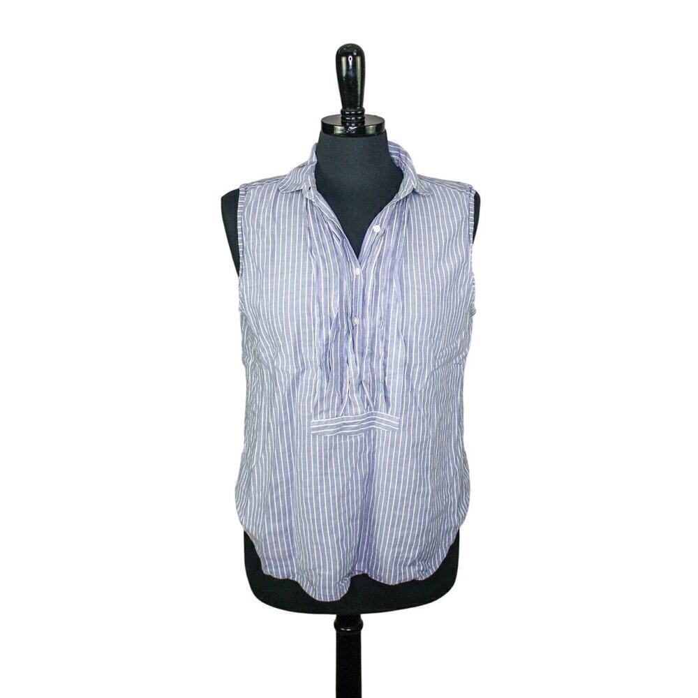 Ann Taylor LOFT Sleeveless Blouse Popover Stripes Collared Blue White